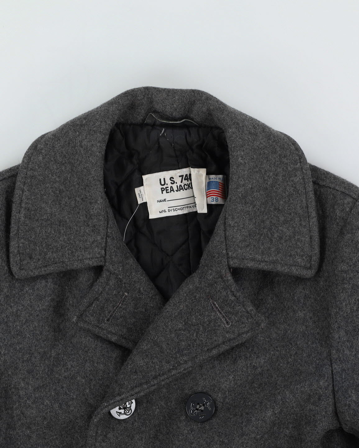 Vintage 90s Schott 740N Pea Coat Grey Anchor Wool Double Breast Trench - M