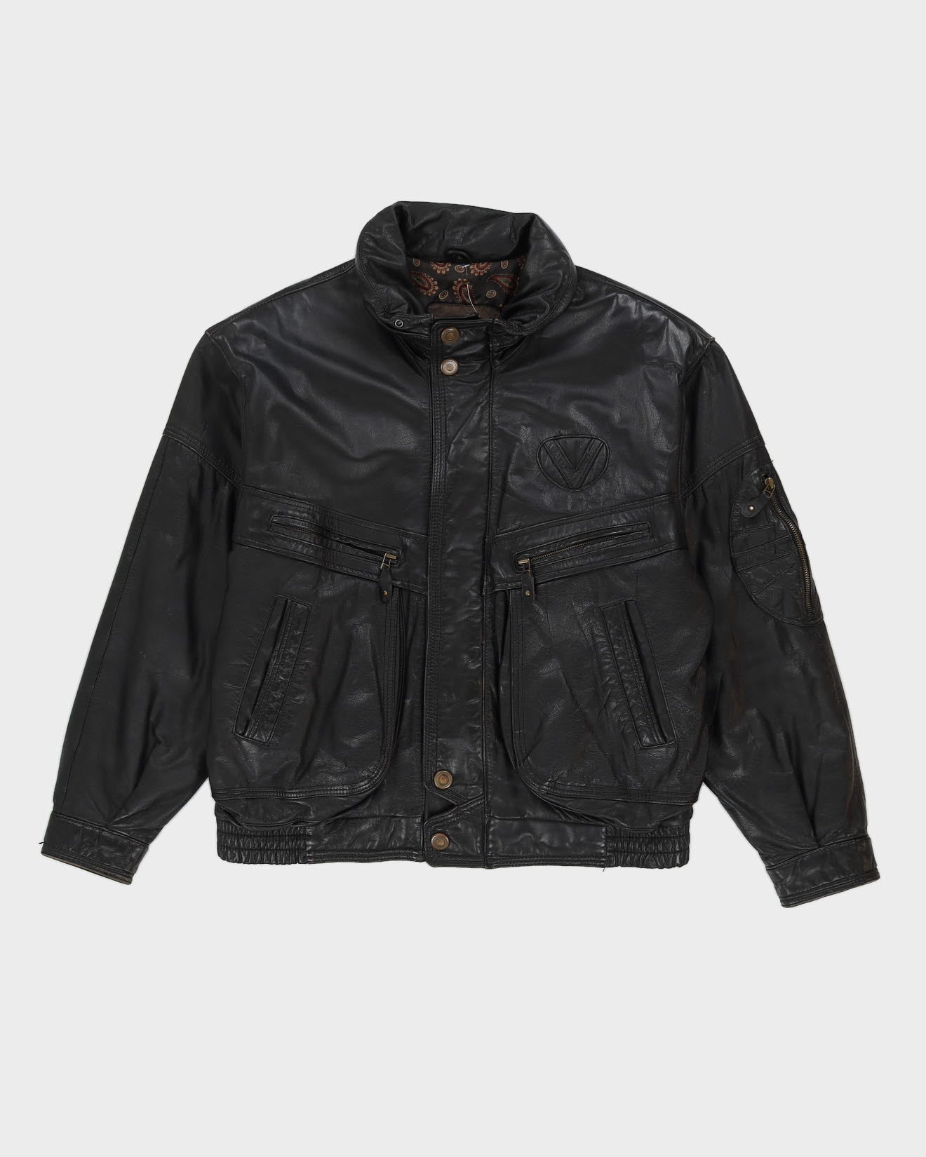 Black Leather Bomber Jacket - L