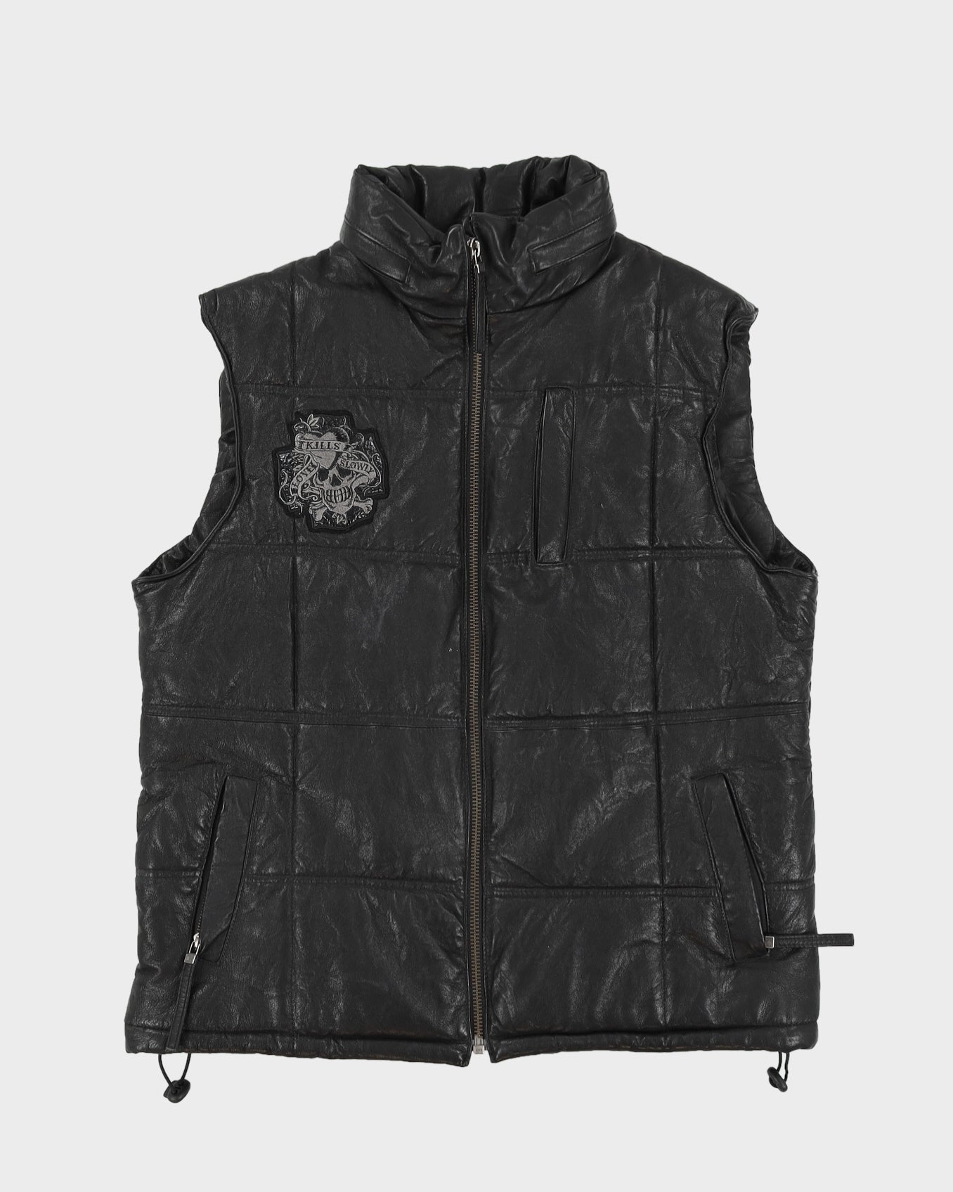 Y2K 00s Ed Hardy Black Puffer Leather Gilet - XL