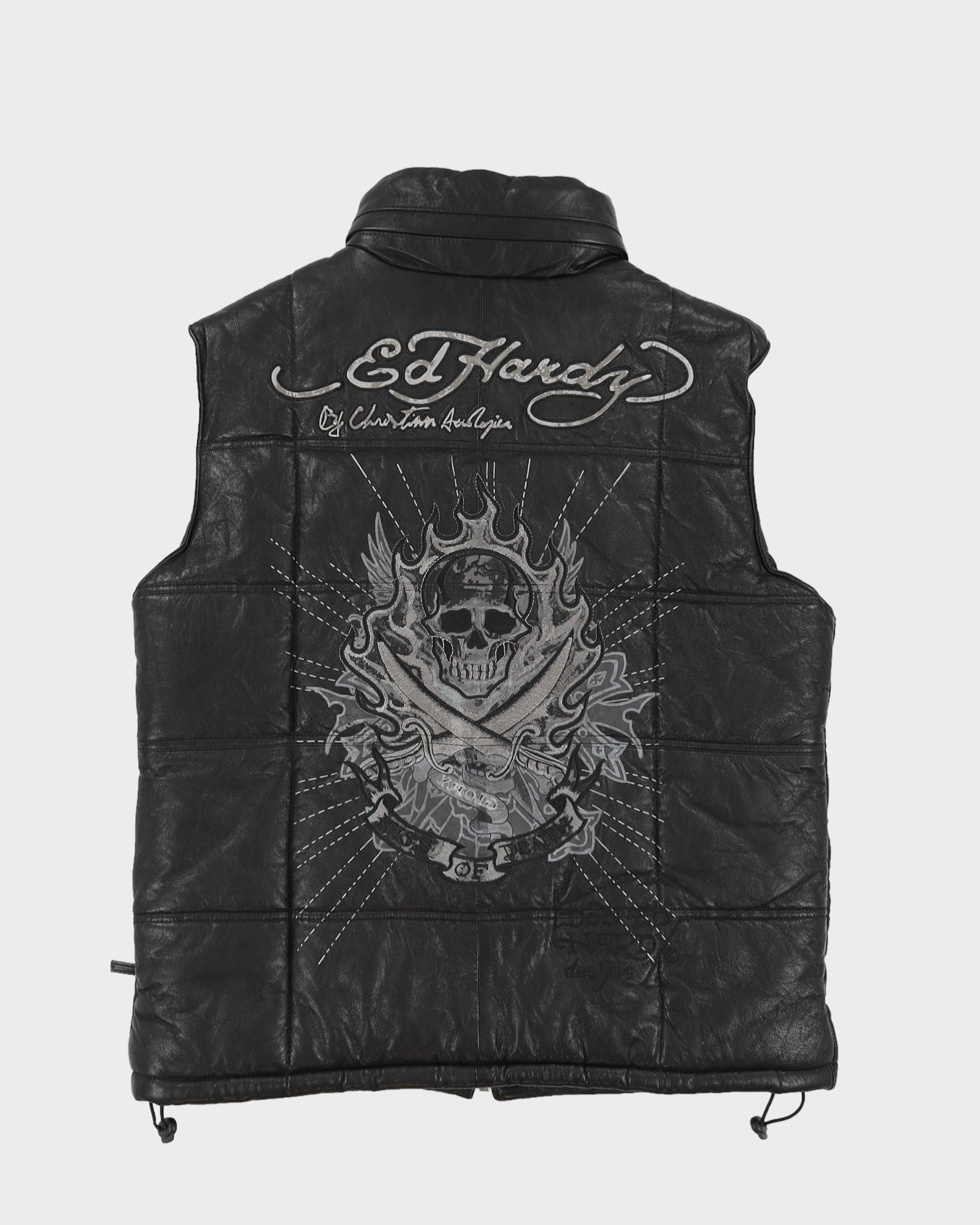 Y2K 00s Ed Hardy Black Puffer Leather Gilet - XL