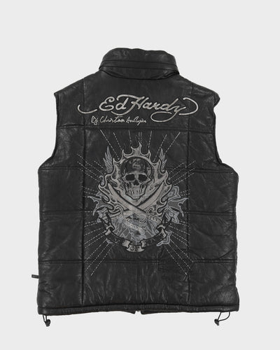 Y2K 00s Ed Hardy Black Puffer Leather Gilet - XL