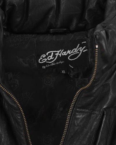 Y2K 00s Ed Hardy Black Puffer Leather Gilet - XL