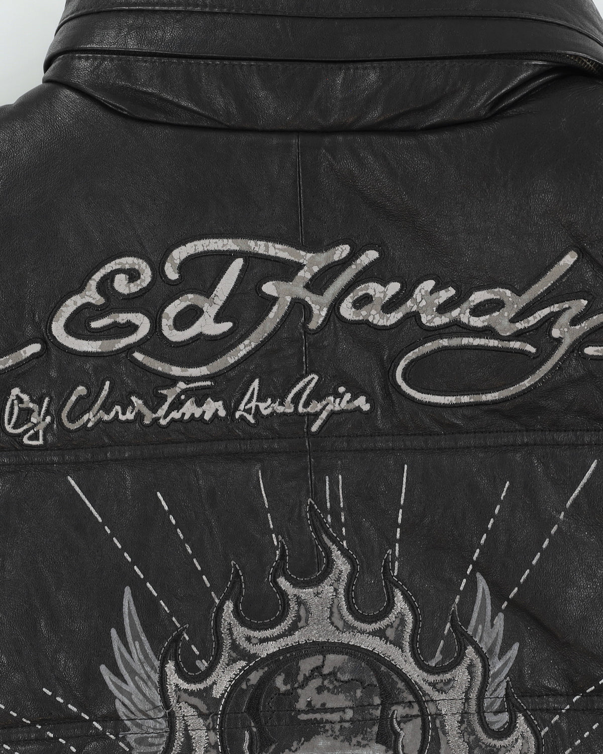 Y2K 00s Ed Hardy Black Puffer Leather Gilet - XL