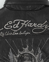 Y2K 00s Ed Hardy Black Puffer Leather Gilet - XL