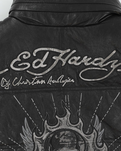Y2K 00s Ed Hardy Black Puffer Leather Gilet - XL