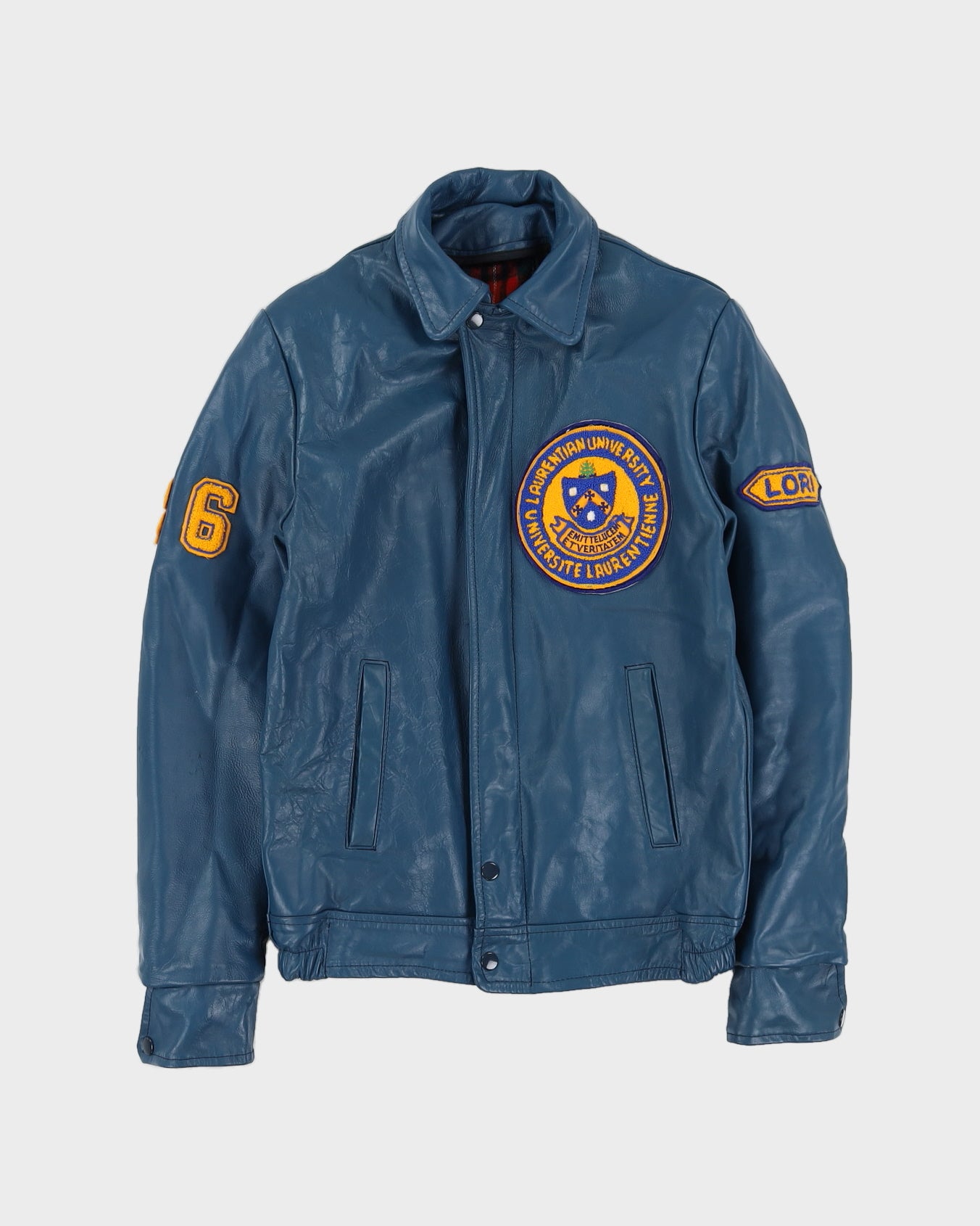 Vintage 80s University Laurentian Blue Leather Varsity Jacket - S