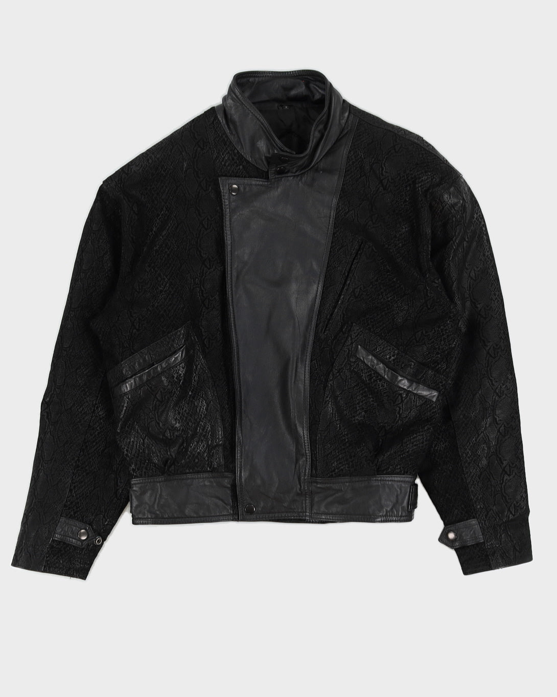 Vintage 90s Cosa Nova Black Leather Reptile Bomber Jacket - M