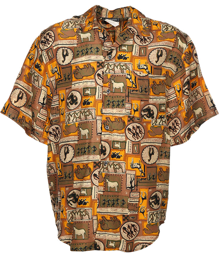 Vintage human and animal pattern short sleeve shirt - M