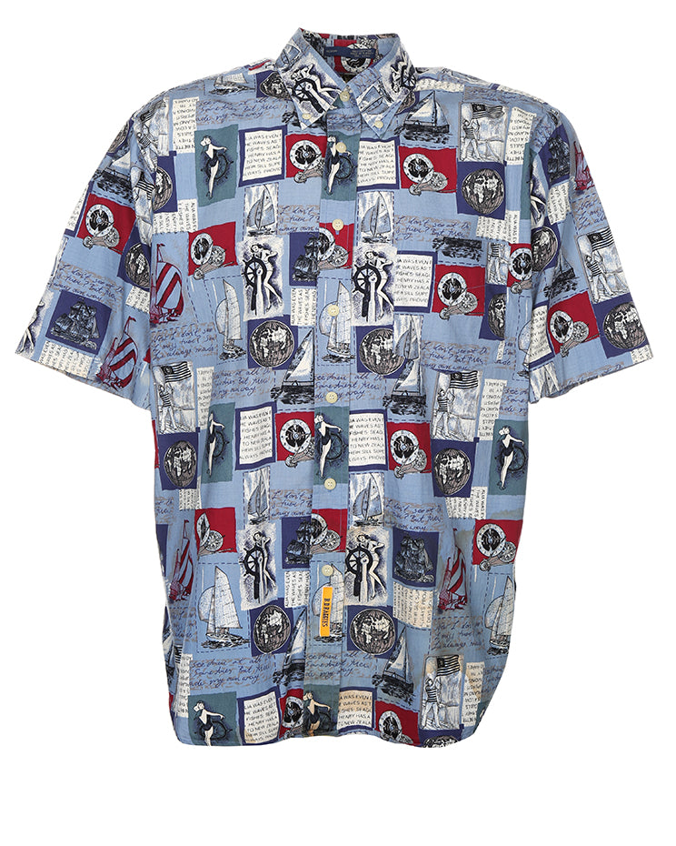 Vintage nautical print cotton short sleeve shirt - M