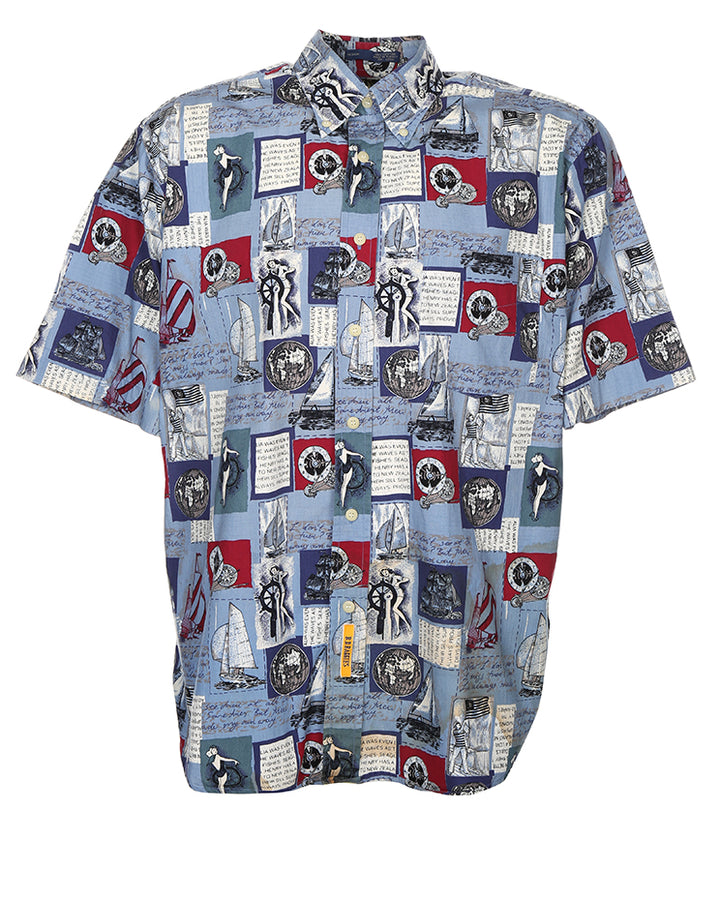 Vintage nautical print cotton short sleeve shirt - M
