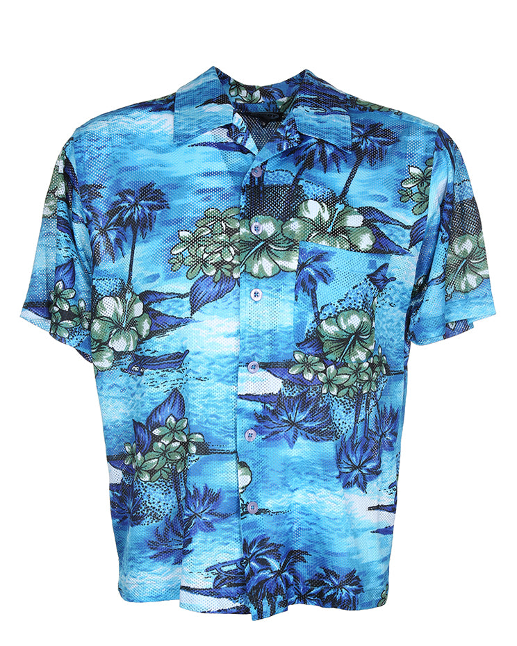 Blue Palm Tree Patterned Netting Hawaiian Shirt - L