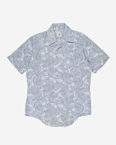 1970's white with blue paisley pattern shirt - L