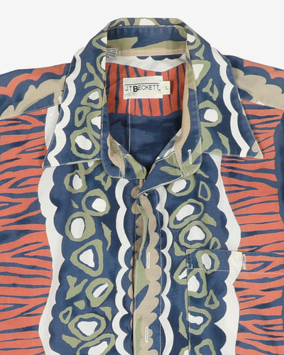 Blue and orange patterned shirt - L
