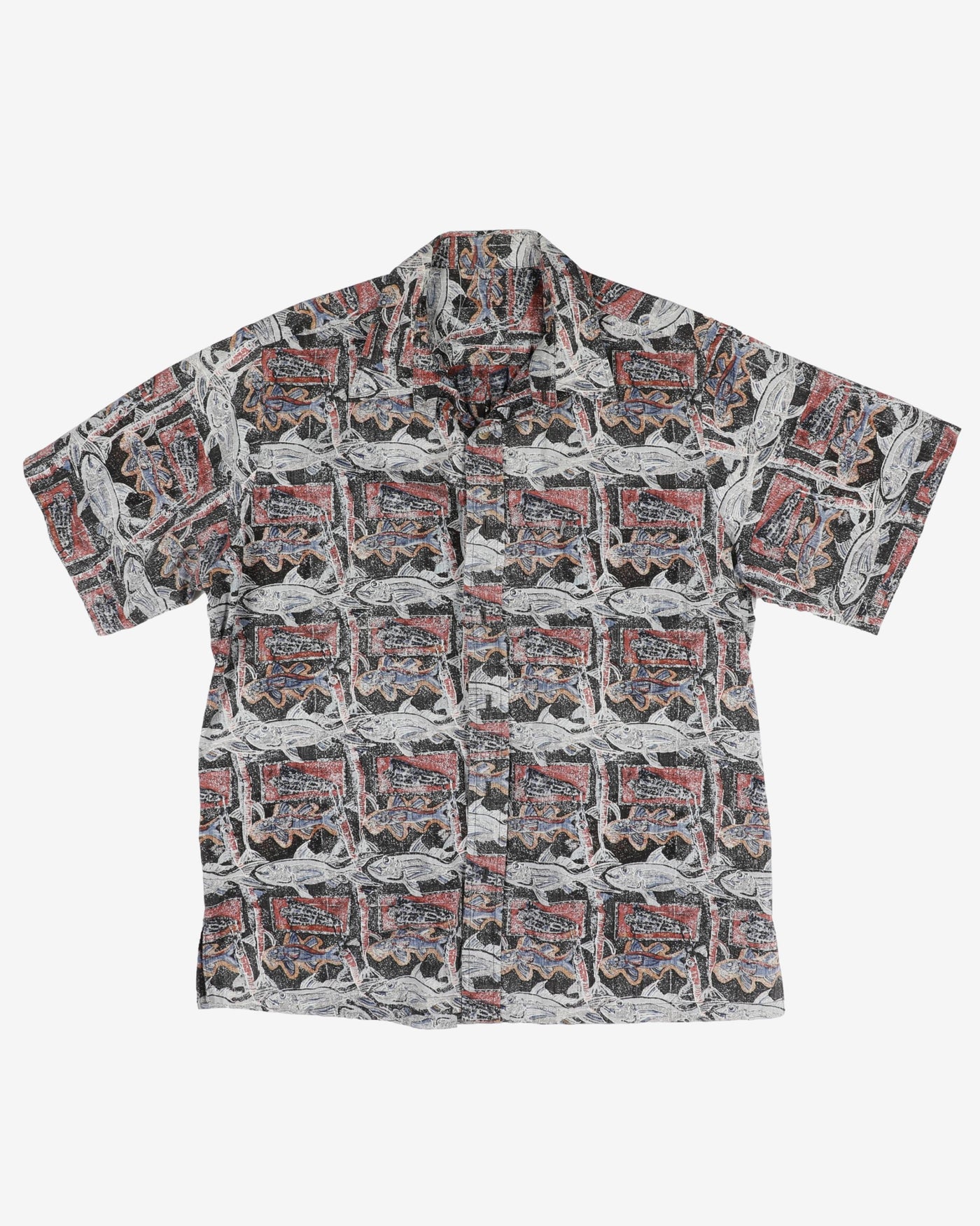 Blue, red and black fish patterned shirt - L / XL