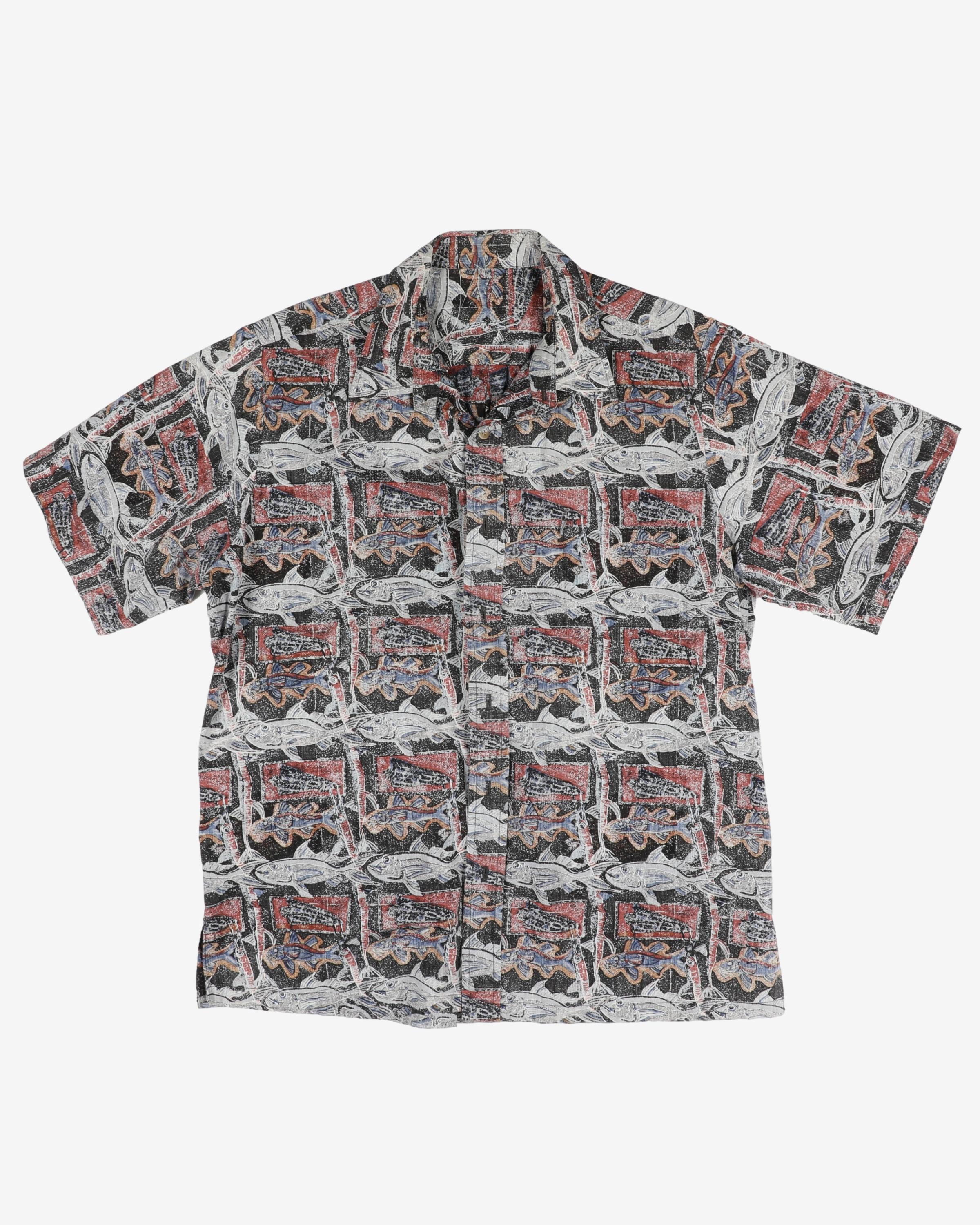 Blue, red and black fish patterned shirt - L / XL