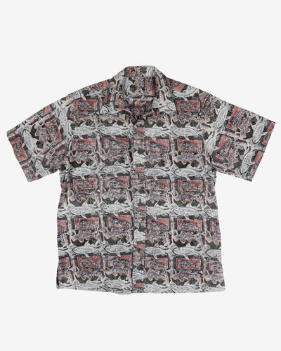 Blue, red and black fish patterned shirt - L / XL