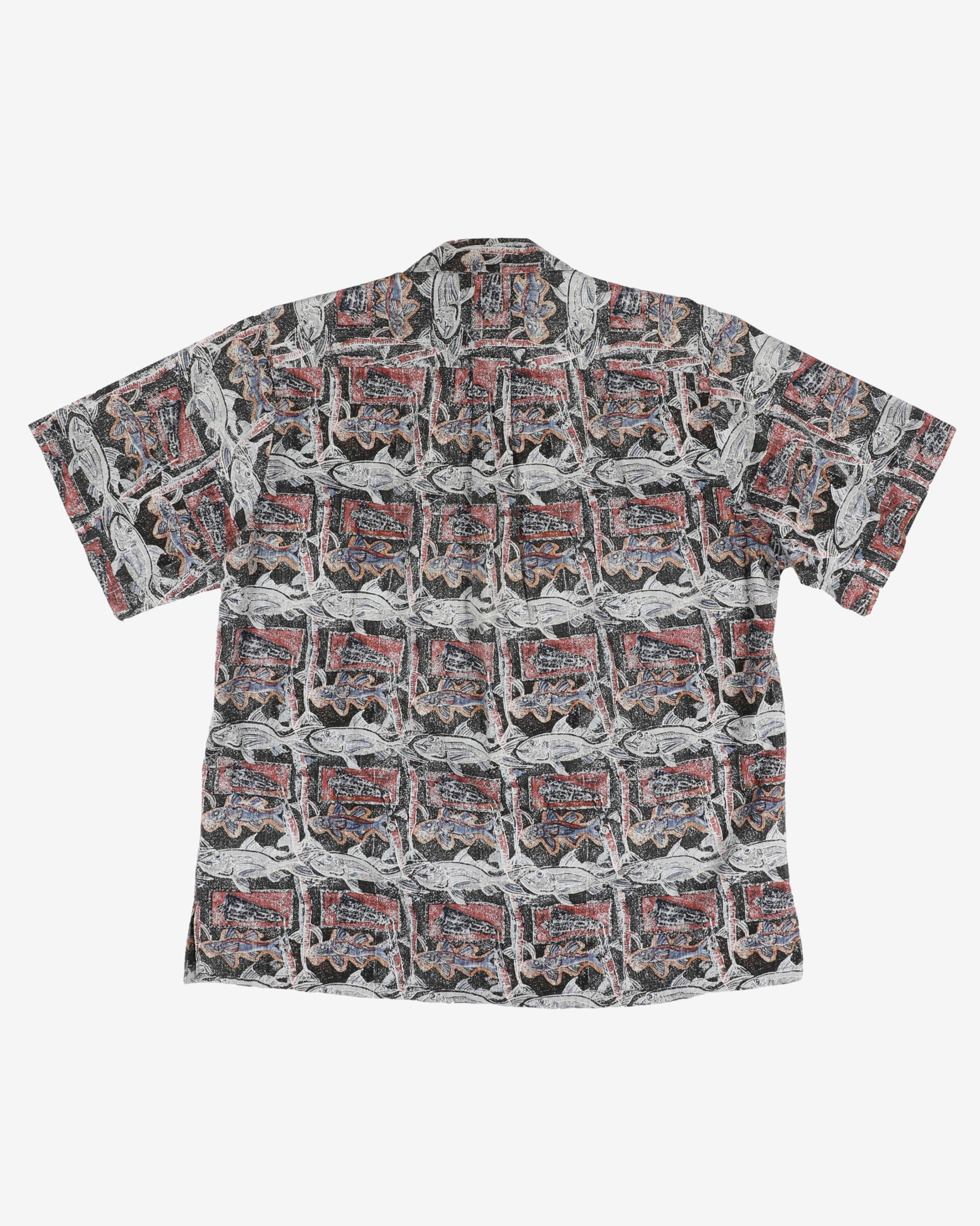 Blue, red and black fish patterned shirt - L / XL