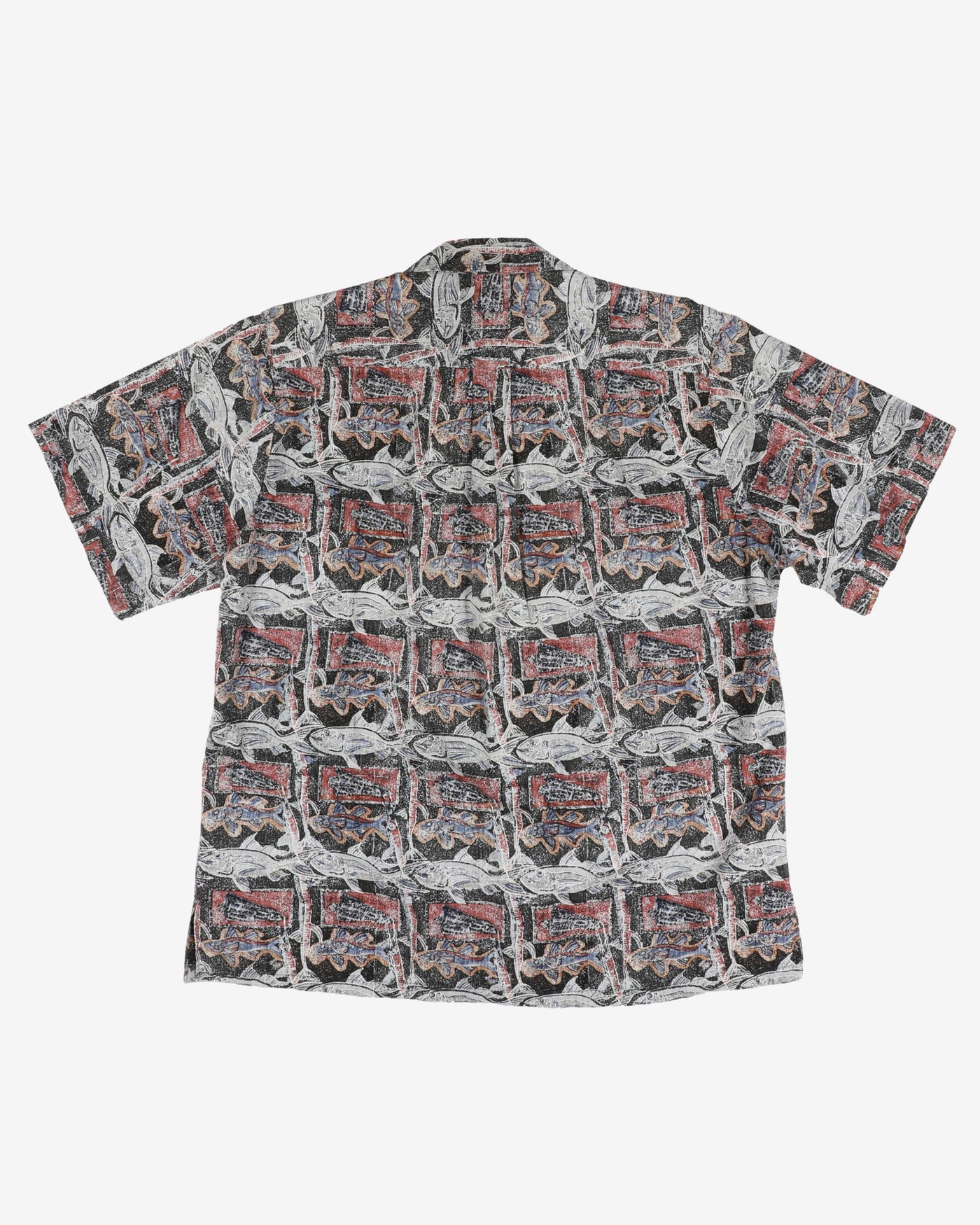 Blue, red and black fish patterned shirt - L / XL