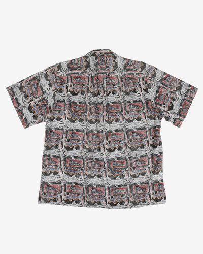 Blue, red and black fish patterned shirt - L / XL
