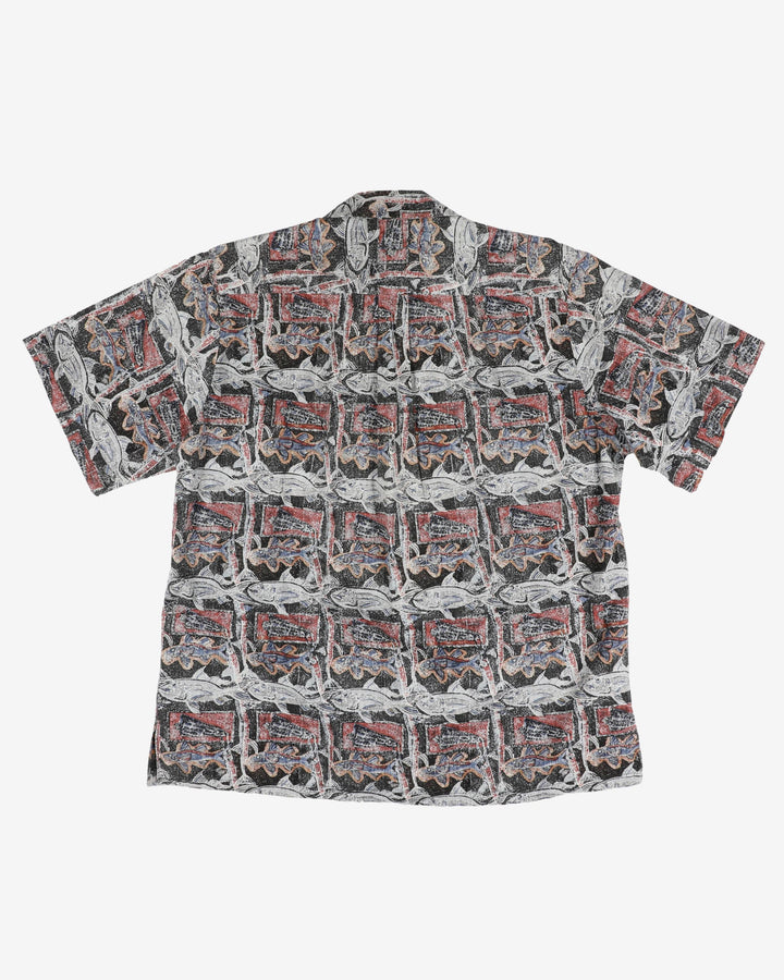 Blue, red and black fish patterned shirt - L / XL