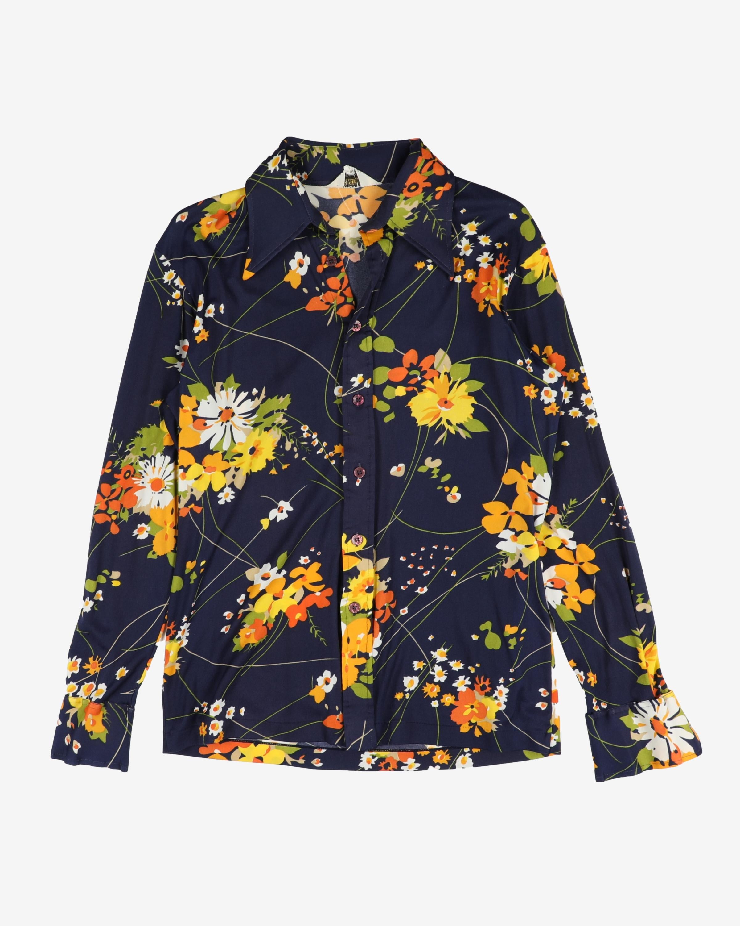 Vintage 70s Navy Floral Button Up Shirt - M