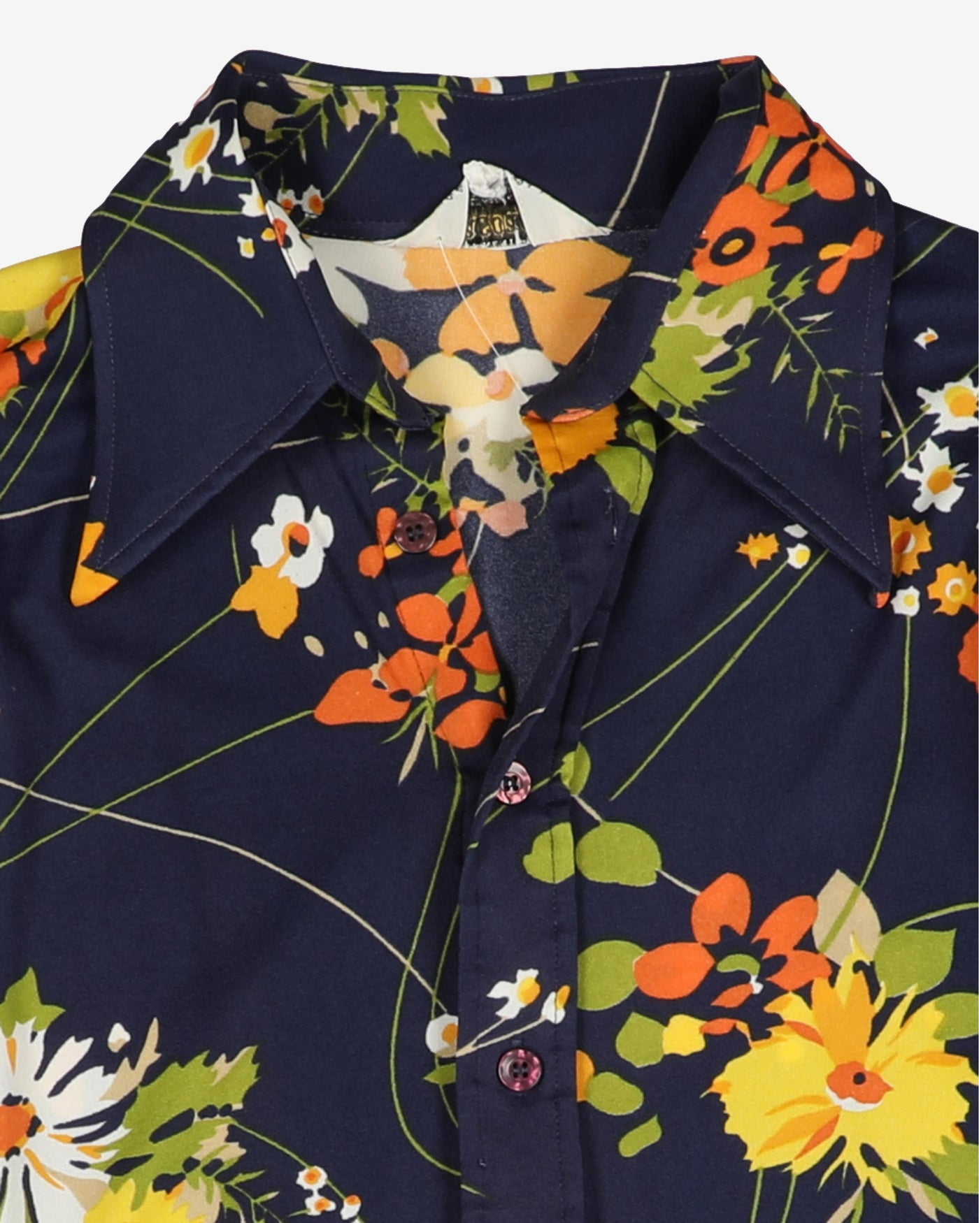Vintage 70s Navy Floral Button Up Shirt - M