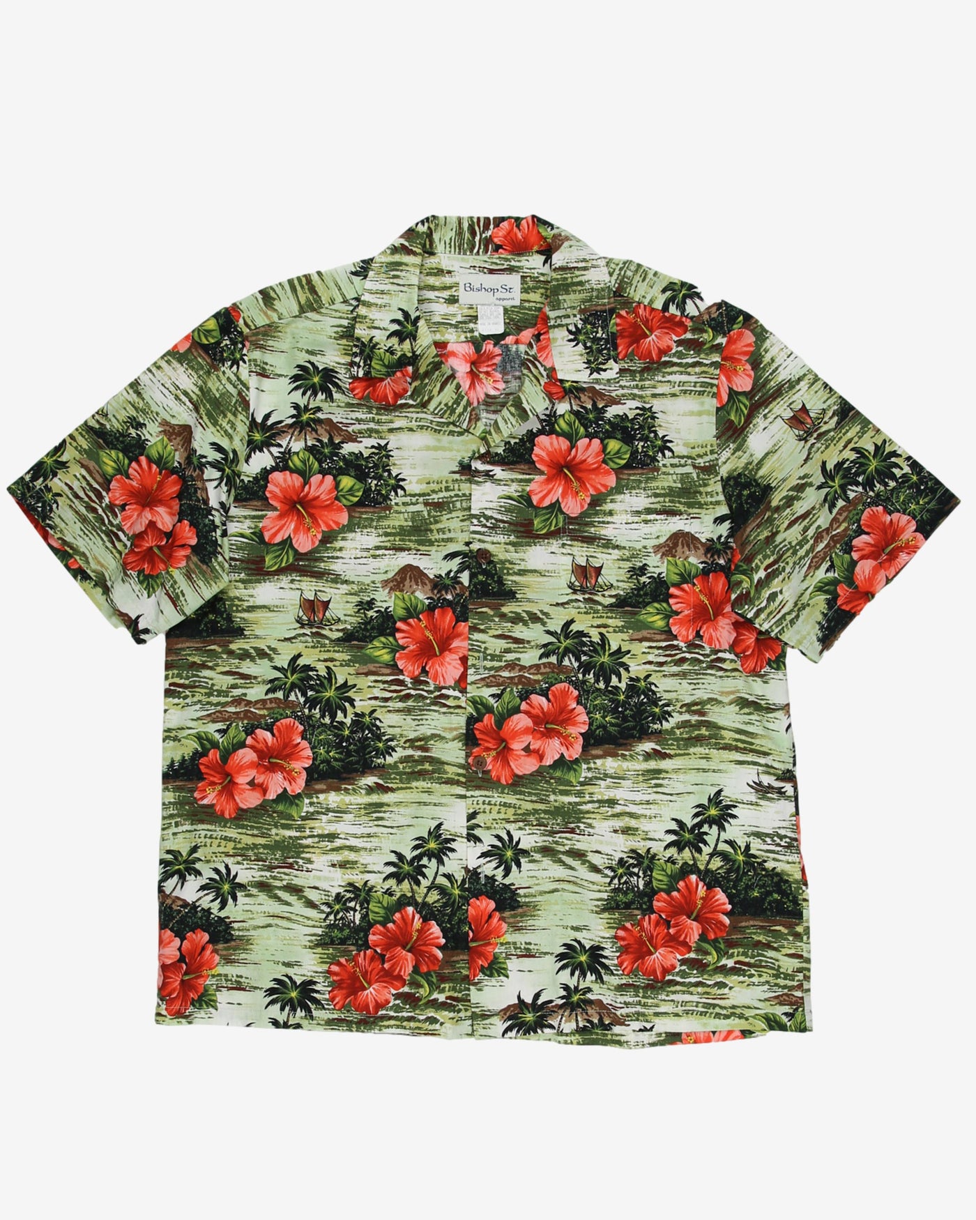 Vintage Bishop Street Green Tropical All Over Print Pattern Hawaiian Shirt - XL