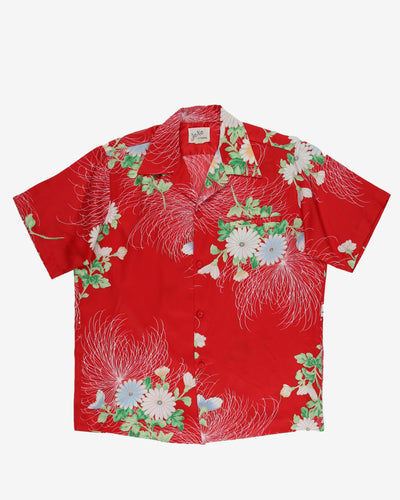 Vintage 70s Ja-Na Red Floral All Over Print Hawaiian Shirt - XL