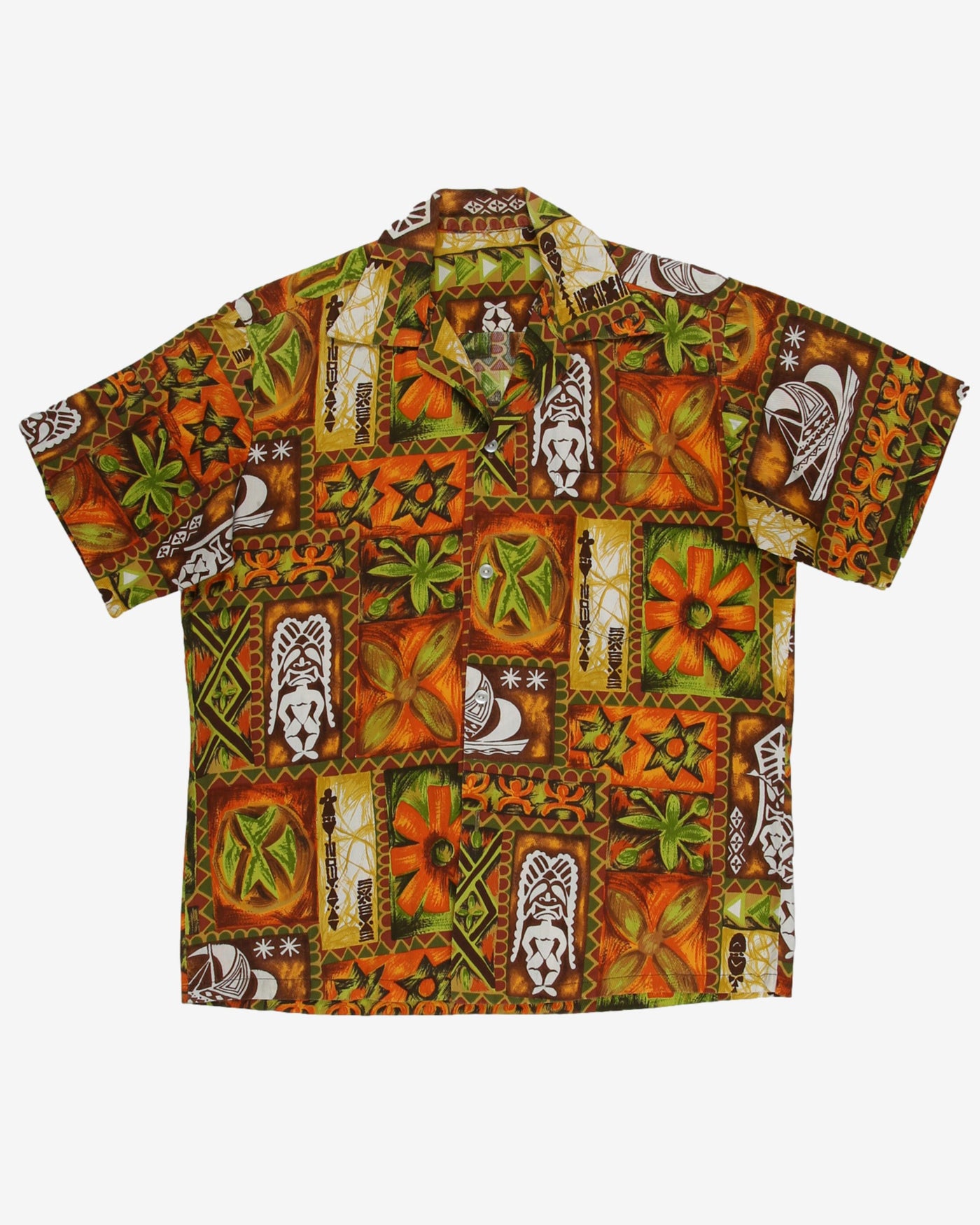 Vintage 80s Brown / Orange Tropical All Over Print Hawaiian Shirt - L