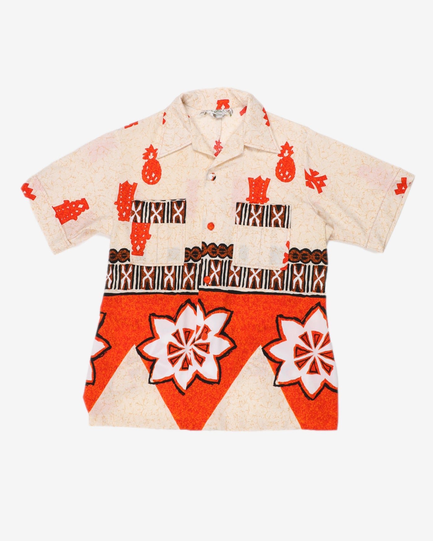 Vintage 70s Malhini Orange / Cream All Over Print Hawaiian Shirt - L