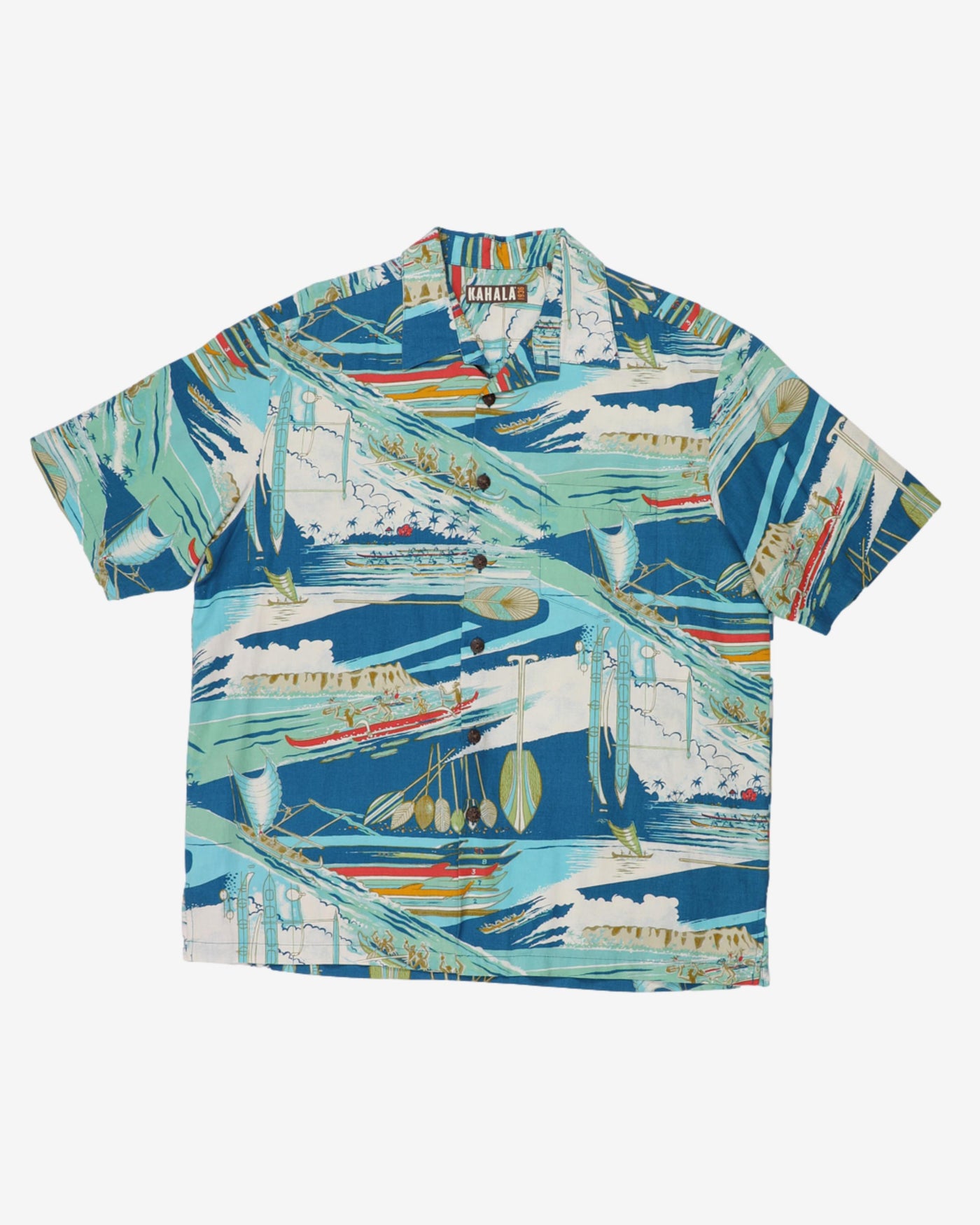 Vintage Kahala Blue Surfing Tropical All Over Print Hawaiian Shirt - XL
