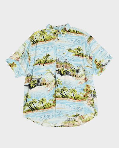 Island print blue hawaiian shirt - L