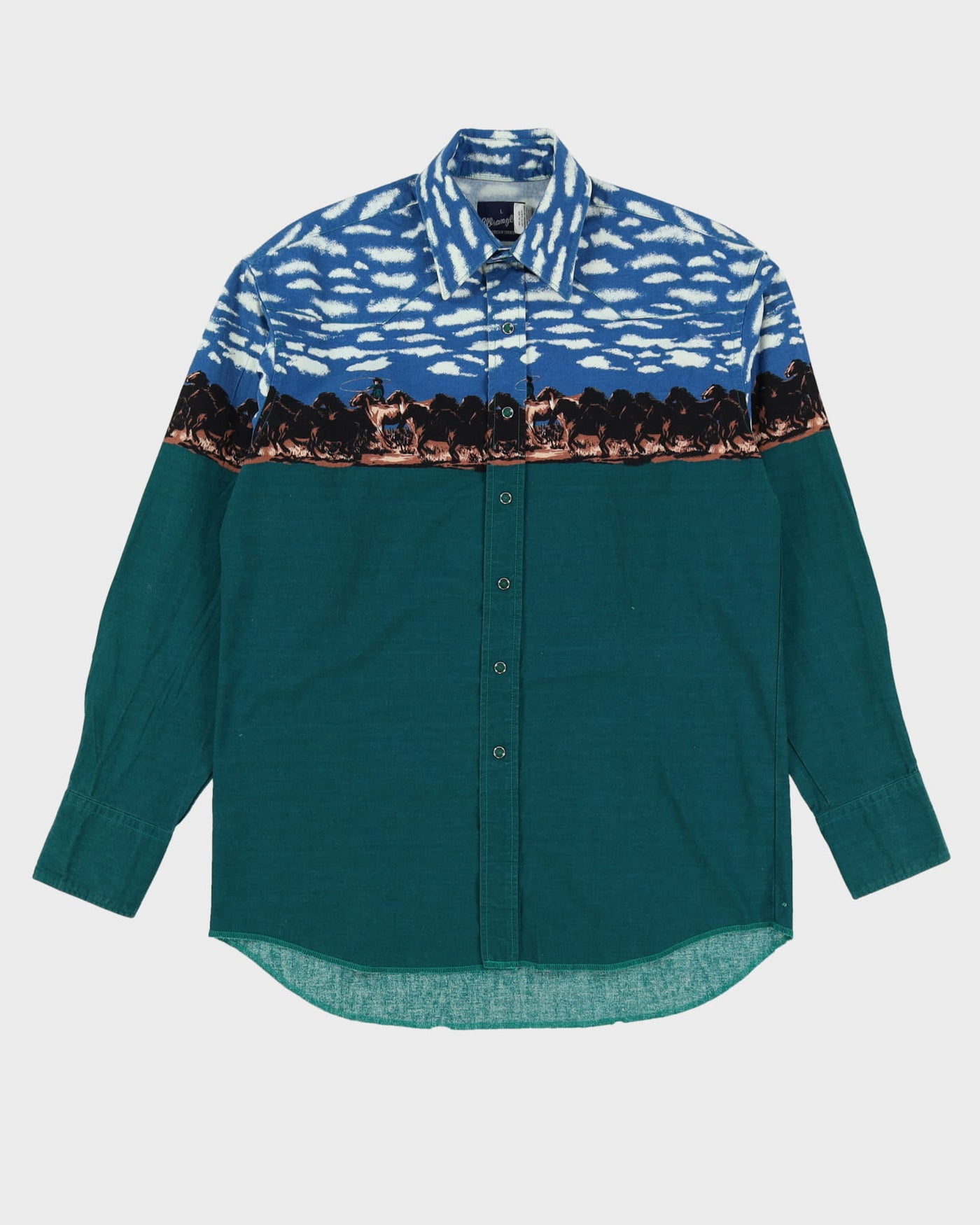 90s Wrangler Green / Blue Sky Horse Patterned Western Shirt - L