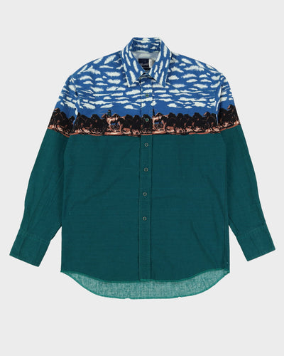 90s Wrangler Green / Blue Sky Horse Patterned Western Shirt - L