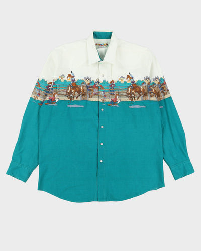 1993 Looney Tunes  Green / White Western Style Button Up Shirt - L