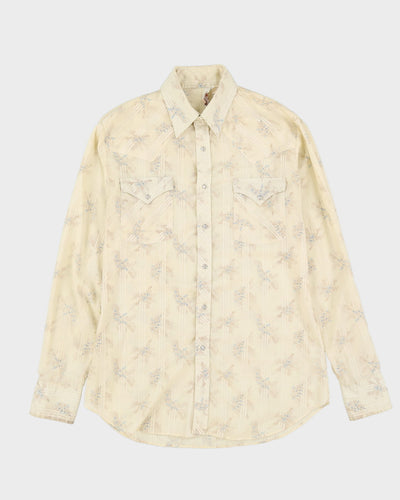 80s Bronco White / Off-White Patterned Western Style Shirt - L