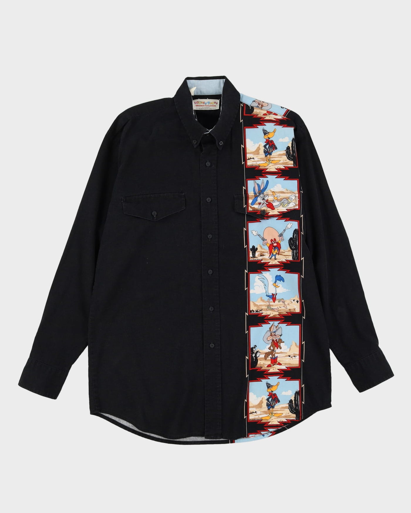 1993 Looney Tunes Characters Black Cartoon Patterned Western Style Shirt - L