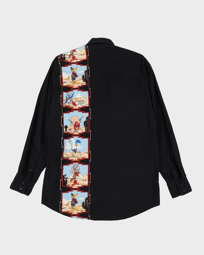 1993 Looney Tunes Characters Black Cartoon Patterned Western Style Shirt - L