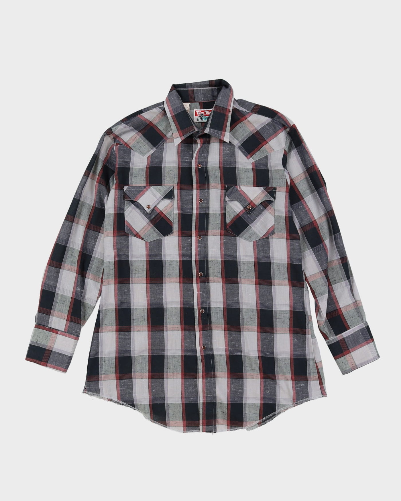 80s Tem-Tex Grey / Black / Red Check Patterned Western Style Shirt - M / L