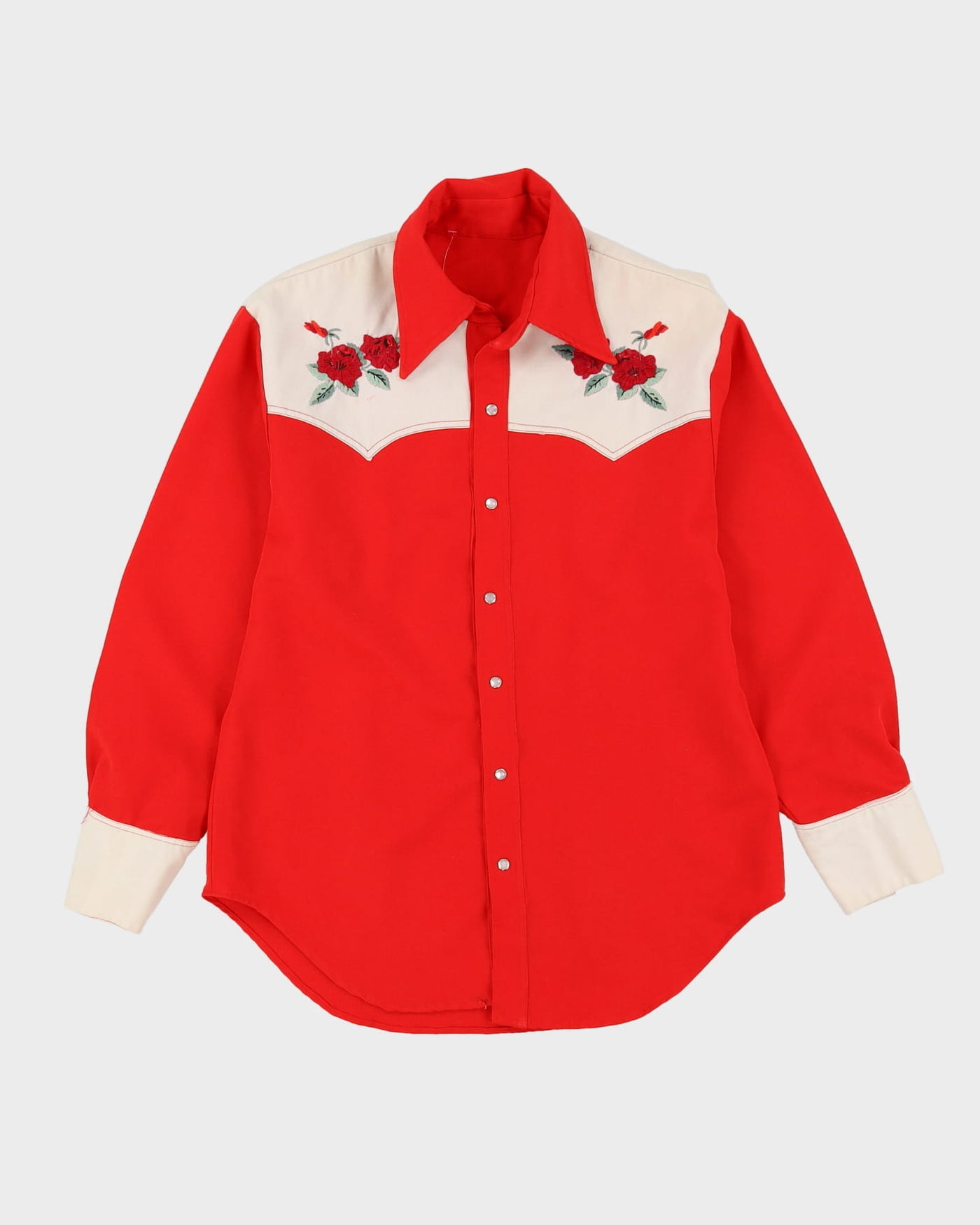 70s Red / White Floral Embroidered Western Style Shirt - L