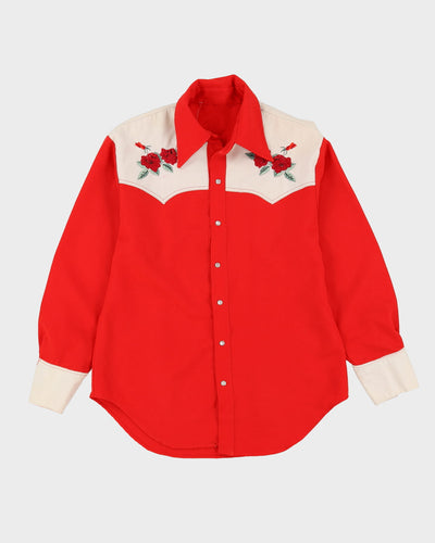 70s Red / White Floral Embroidered Western Style Shirt - L