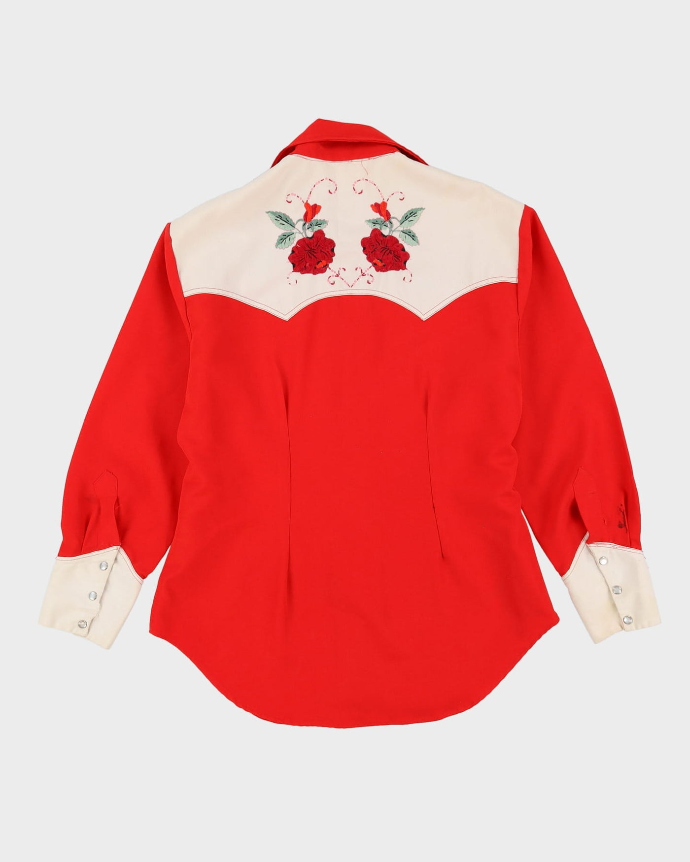 70s Red / White Floral Embroidered Western Style Shirt - L