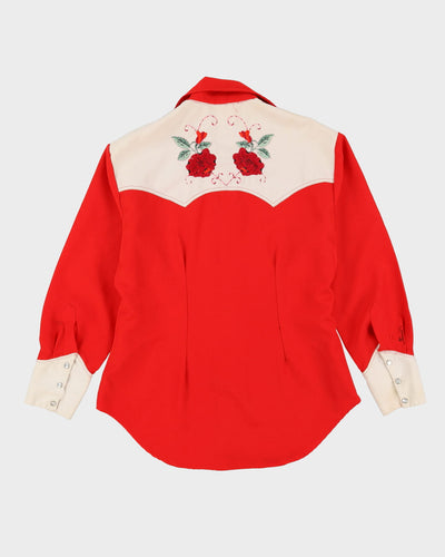 70s Red / White Floral Embroidered Western Style Shirt - L