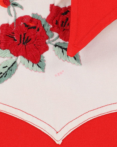70s Red / White Floral Embroidered Western Style Shirt - L