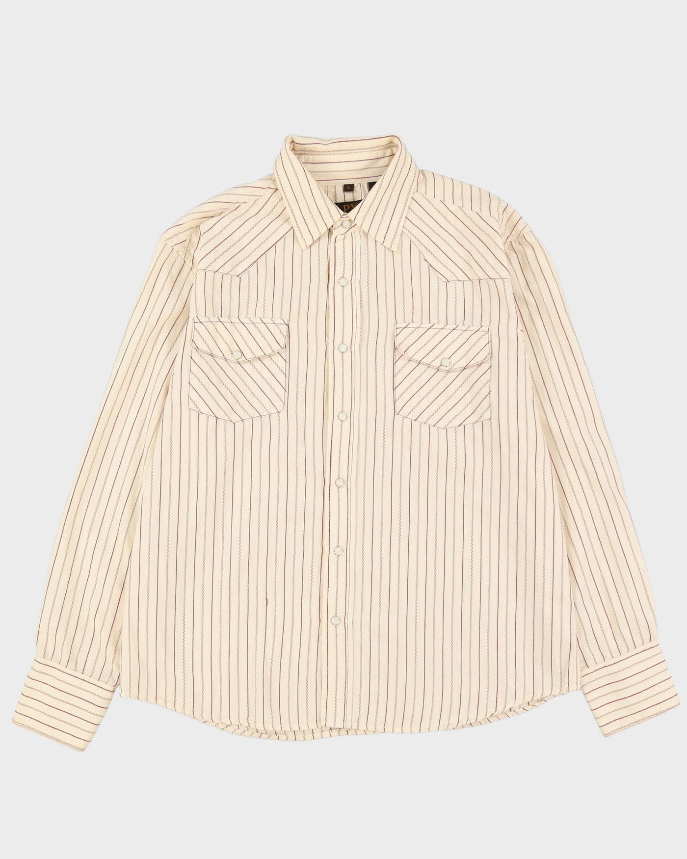 90s PX Cream / Brown Stripe Patterned Western Style Shirt - L