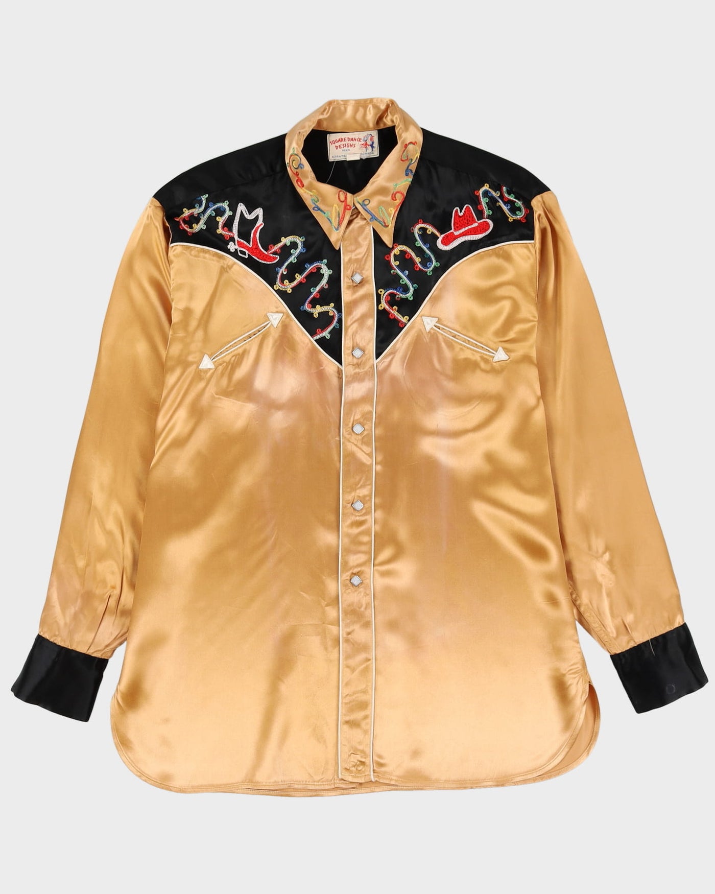 70s Squaredance Designs Gold / Black Embroidered Western Style Shirt - L