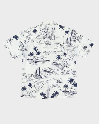 1980s Blue And White Patterned Hawaiian Shirt - M