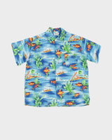 60s Blue / Green Fish Patterned Short-Sleeve Hawaiian Oversized Shirt - M / L