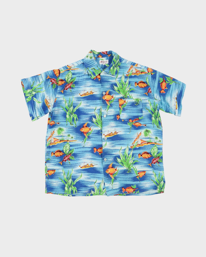 60s Blue / Green Fish Patterned Short-Sleeve Hawaiian Oversized Shirt - M / L