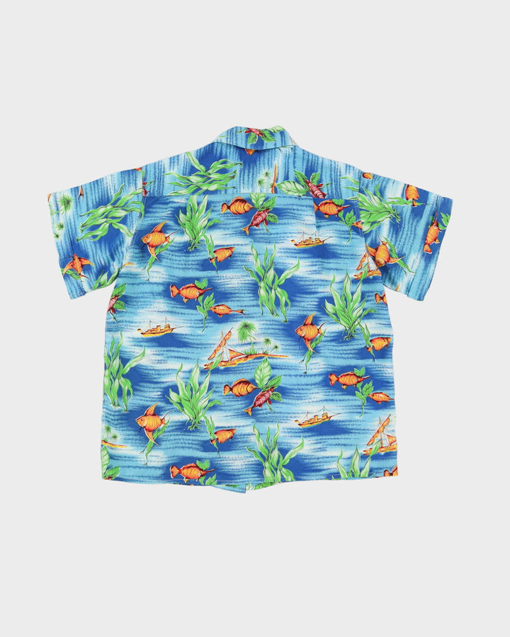 60s Blue / Green Fish Patterned Short-Sleeve Hawaiian Oversized Shirt - M / L